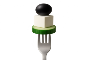 Food on a fork, feta cheese, cucumber and olive on a transparent background.