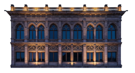 Ornate two-story stone building facade with arched windows and intricate details