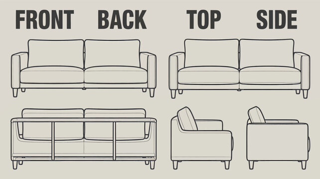 Architectural drawing of a modern two seater sofa shown from front back top and side views in a clean silhouette style