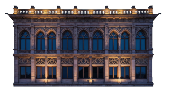 Ornate two-story stone building facade with arched windows and intricate details