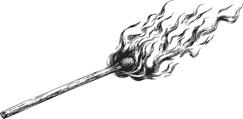 Burning matchstick sketch hand drawn with dynamic flame on white &mdash; stock vector