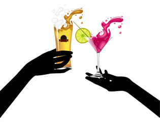 Black silhouettes of female hands holding transparent glasses with colorful spilling beer and cocktail isolated on white. Vector illustration in flat style