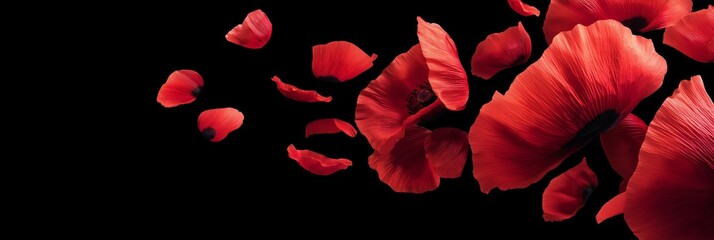 Red poppy petals flying across black background for remembrance day designs, war memorial visuals, and patriotic campaigns, 3:1 banner format with copy space on right, high-resolution macro floral 