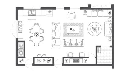 Top down architectural floor plan drawing of a modern apartment layout with furniture in silhouette
