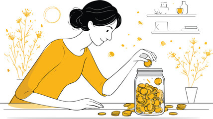Female Putting Coin in Jar Vector Illustration