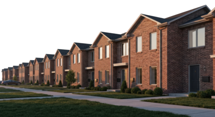 Row of brick townhouses, each uniform, with a sidewalk and grass nearby