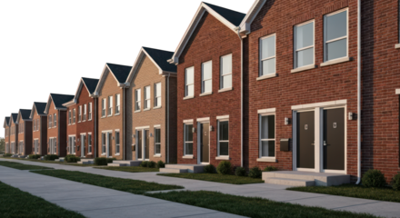 Row of townhouses showing facades, brick and neutral siding, sunny day