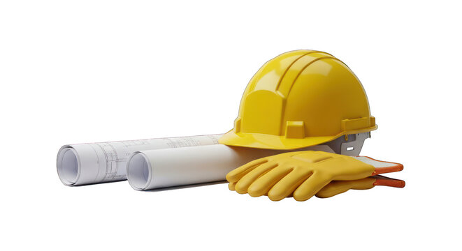 Safety equipment yellow helmet, gloves, and blueprints
