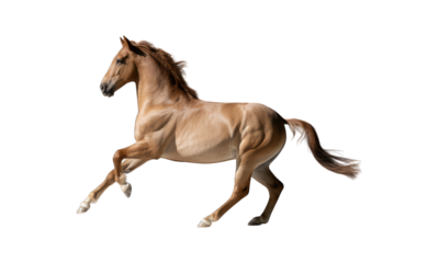 Running horse, tan coat, mane flowing, isolated on black background