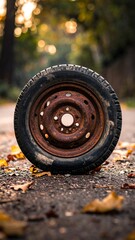 Rusty tire on a path, autumn leaves
