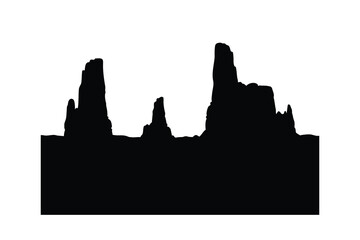 A stark black silhouette of iconic desert buttes and mesas against a clean white background.