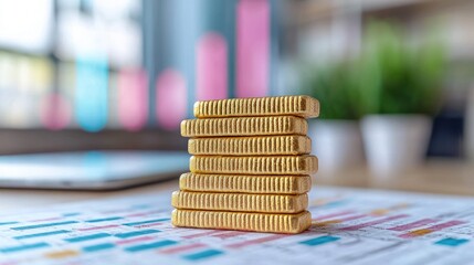Stack of gold bars over data charts on desk