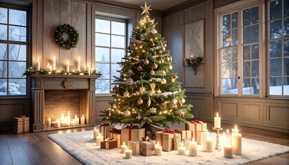 Elegant Christmas interior with a decorated tree
