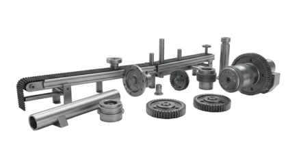 Silver-toned machine parts, various sizes, arranged on black background