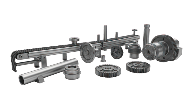 Silver-toned machine parts, various sizes, arranged on black background