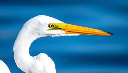 Close-up profile of a great egret, showcasing its elegant white plumage, long neck, and vibrant yellow beak against a vibrant blue water backdrop