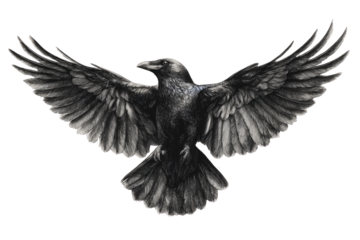 Detailed pencil sketch of a raven with wings outstretched, against a transparent background. background removed