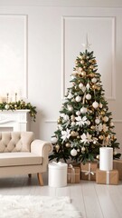 Elegant Christmas tree in a light beige living room