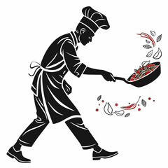 : Chef Cooking with Pan black and white vector