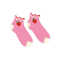 Pair of pink socks with strawberry decoration. Cute vector illustration isolated on white background.