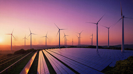 Futuristic eco landscape at sunset with glowing solar panels, tall wind turbines, and radiant sky illustrating renewable energy, sustainability, and clean green technology themes