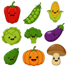 Nine kawaii vegetables and mushroom stickers isolated on transparent background