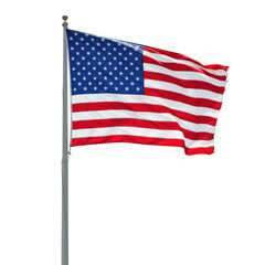 Waving american flag on pole isolated on transparent background