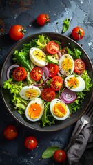 Healthy salad with hard-boiled eggs, vegetables, and herbs