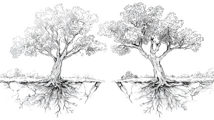 Fototapeta premium Uprooting Two Trees Vector Illustration: Growth, Change, Impact of Deforestation