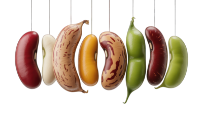Suspended row of colorful beans on black, diverse textures and shapes