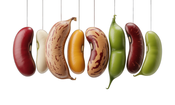 Suspended row of colorful beans on black, diverse textures and shapes