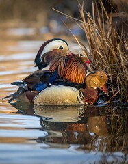 Two mandarin ducks on a calm water surface, nestled together, with reeds in the background.  A vibrant display of colors, showcasing the beauty of nature