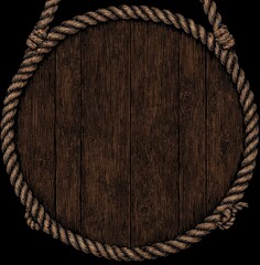 A circular, dark-brown wooden surface is framed by a detailed, light-brown rope border with intricate knots, creating a rustic and vintage design.
