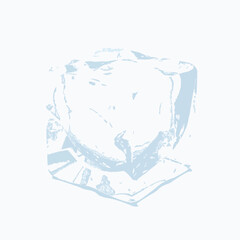 A single ice cube with a light blue tint on a white background Keywords: ice cube, frozen, cold, water, clear, transparent, cube, block, solid, refreshment, drink, beverage