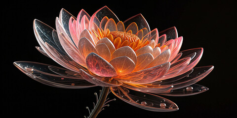 Surreal digital sculpture, futuristic organic flower made of molten glass and chrome