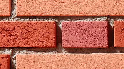 Close-up of a brick wall with varied shades of orange and red bricks and gray mortar joints