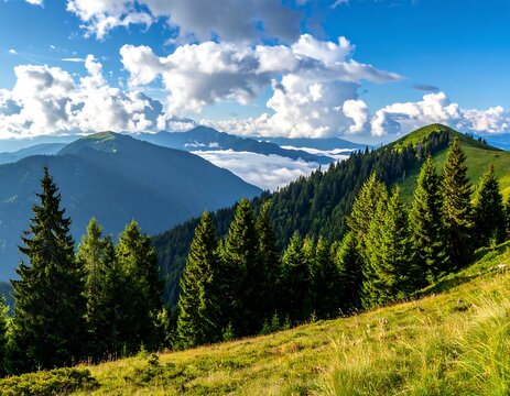 Mountain vista with lush forests and clouds
