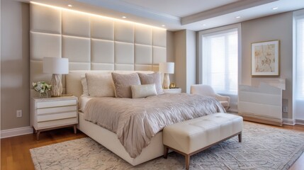 contemporary bedroom full view, padded headboard bed, powder bedding, pastel walls, area rug, hidden warm lighting
