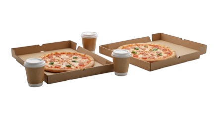 Two pizzas in open boxes, with coffee cups on a plain background