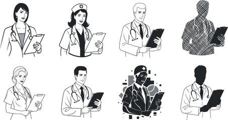 Medical professional illustrations with stethoscope and clipboard, diverse styles, silhouette, line art, abstract design
