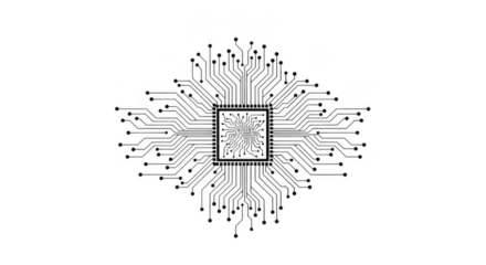 Central processing unit chip with radiating circuit lines, isolated on transparent background