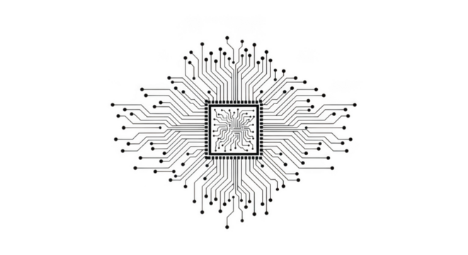 Central processing unit chip with radiating circuit lines, isolated on transparent background