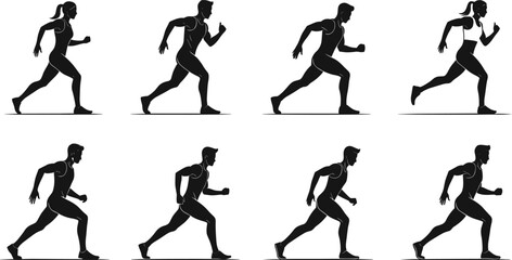 Running silhouette sequence of male and female figures, dynamic motion poses, black vector on white background