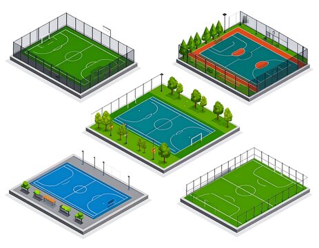 Isometric view of various sports courts