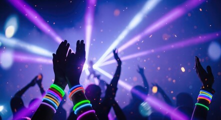 Night party celebration with neon lights and crowd dancing