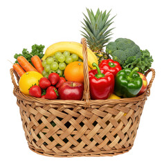 Wicker basket of fresh fruits and vegetables isolated on transparent background