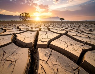Dried, cracked earth under a vibrant sunset.  Two small trees stand amidst the parched landscape