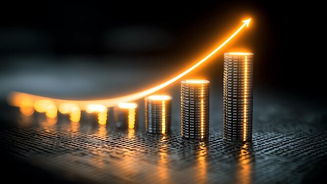 Growing stacks of glowing coins forming an increasing bar chart, symbolizing business success, financial growth, investment profit, and wealth accumulation against a dark background