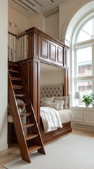 micro neoclassic loft vertical, walnut closet stair, loft bed with tufted headboard, arched window, cream walls, soft daylight, depth of field