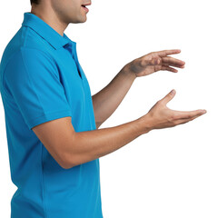 Man in blue polo shirt gesturing with open hands isolated on transparent background